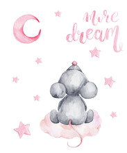 Grey Mouse Sitting On A Cloud And Pink Moon And Stars; Watercolor Hand Draw Illustration; With White Isolated Background