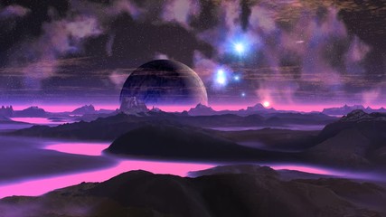 Wall Mural - Dawn on the Gloomy Planet. In the dark sky nebulae, bright stars and a large moon. Over the hazy horizon bright sun slowly rises. Rare clouds float over the mountains and hills.