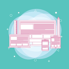 Web Design. Website template for monitor, laptop, tablet, phone. Elements for mobile and web applications.