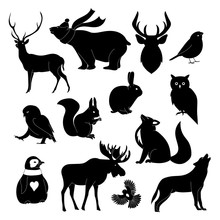 Handdrawn Forest Animals Silhouette: Deer, Bear, Volf, Fox, Rabbit, Owl. Illustration