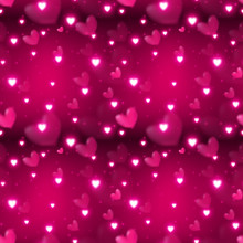 Seamless Of Glowing Heart With Magic Particles On Dark Pink Background