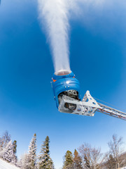 Snow production with snow gun at Jaworzyna Ski Area. Krynica-Zdroj Resort, Poland.