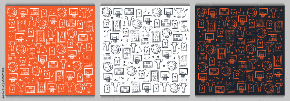Set of Basketball backgrounds with hand draw doodle elements. - obrazy, fototapety, plakaty 
