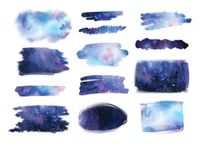 Set Of Watercolor Galaxy Splash Clipart. Hand Drawn Cosmos Illustration. Watercolor Purple Brush Stroke With Uneven Edges