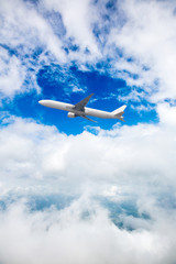 Airplane with propellers flying in blue sky. Commercial aircraft with propellers.