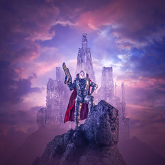 Wall Mural - mountain top guardian / 3d illustration of science fiction caped female hero astronaut on cliff with