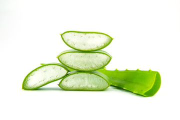 Fresh aloe vera leaves and slices is isolated with white background for Health and beauty products.