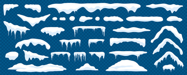 Snow caps, snowy ice and frozen icicles, vector cartoon icons, isolated on transparent background. Abstract snow frost caps and icicles of house roof shape for Christmas and New Year elements design