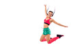 © Admiral - Cheerful young woman jumping and dancing zumba on white background. Copy space.