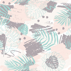  Vector seamless pattern with abstract design. Spots of paint and tropical monstera leaves and dypsis in beige and blue colors