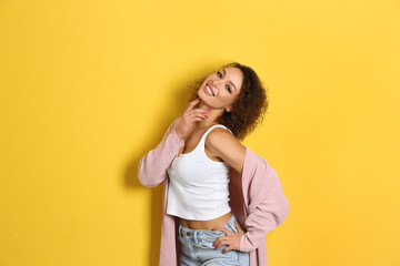 Sticker - Beautiful woman in casual outfit on yellow background