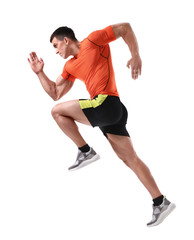 Canvas Print - Athletic young man running on white background, side view