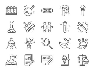 Chemistry lab icon set. Included icons as Chemical, formula, Medical analysis, Laboratory test flask, experiment and more.