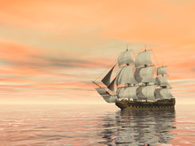 Old Merchant Ship On The Ocean - 3D Render