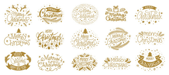 Wall Mural - Merry christmas new year gold lettering text set