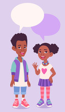 Black African American School Kids, Boy And Girl Full Length Characters Portrait. Standing And Smiling Children With Speaking Bubbles. Vector Comics Style Cartoon Illustration. 