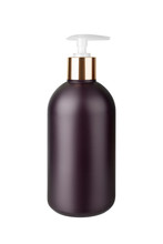 Dark Brown Plastic Cosmetics Bottle With Golden Metal Cap And Pump On White Background Isolated Close Up, Soap Dispenser Container, Face Cream, Hair Shampoo, Body Bath Gel, Blank Package, Studio Shot