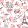 hand drawn , fashion, travel, france , paris vector seamless pattern on white background . Concept for print, web design, cards 