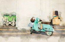 Watercolor Illustration Of Turquoise Scooter Parked On The Street; Digital Illustration With Copy Space