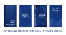 Editable Stories Vector Template Pack 16:9. Classic Blue Design Backgrounds For Social Media. Banner Background, Website, Mobile App, Poster, Flyer, Coupon, Gift Card, Smartphone Template, Web Design