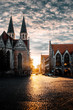 Old town with historic baroque architecture buildings such as a town hall and church at moody sunset light with dramatic shadows. Altstadmarkt in Braunschweig, Germany
