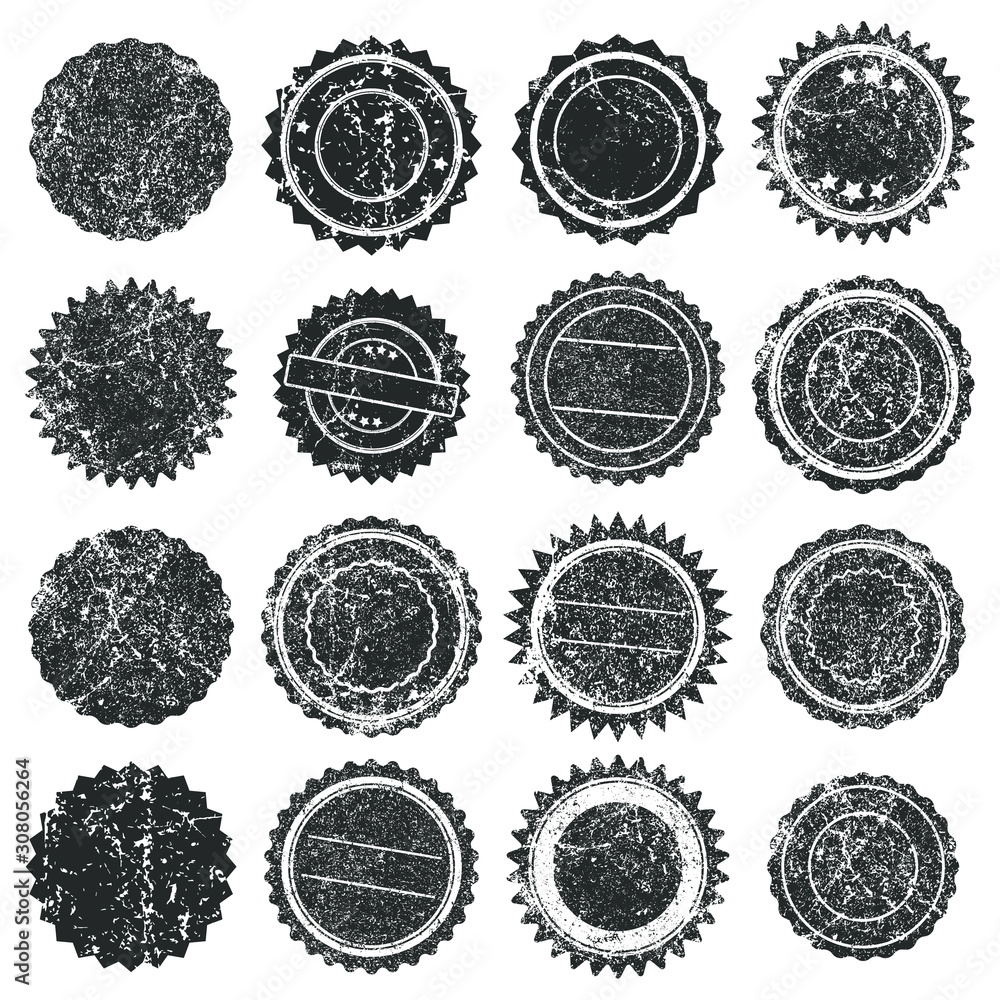 Black Ink color empty Stamps Round frames vector icon set. Stamp grunge textured ink rubber labels. Isolated on white background.  Scratched stamp logo shape symbol.  - obrazy, fototapety, plakaty 