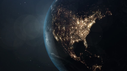 World and sun realistic 3D rendering. Shiny sunlight over Planet Earth, cosmos, atmosphere, america, usa . Shot from Space satellite