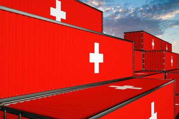 3D illustration Container terminal full of containers with flag of Switzerland