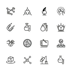 Science line icon set. Magnet, lab flask, microscope. Research concept. Can be used for topics like physics, chemistry, graphic design