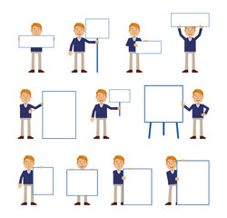 Wall Mural - Big set of businessman characters posing with different blank banners. Cheerful businessman holding paper, poster, placard, pointing to whiteboard. Teach, advertise, promote. Flat vector illustration