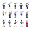 © paper_owl - Big set of businessman characters showing different actions. Cheerful businessman reading a book, thinking, angry, surprised, talking on the phone and doing other actions. Flat vector illustration