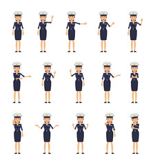 Wall Mural - Set of female pilot characters showing different hand gestures. Cheerful airwoman showing thumb up, pointing, greeting, victory, stop sign and other hand gestures. Flat design vector illustration