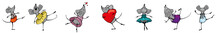 Set The Mouse Festive Seamless Background In Valentine's Day Or Postcards To Print. Festive Birthday Frame With Dancing Mice And Hearts. The Symbol Of The Year Is A Rat With A Heart In Its Paws.