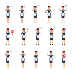 Wall Mural - Big set of housemaid characters showing different actions, gestures, emotions. Cheerful maid talking on phone, holding stop sign, document, book and doing other actions. Simple vector illustration