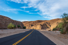 Landscape Of Road In A Canyon Of Barren Hills At Mecca Wilderness In Southern California