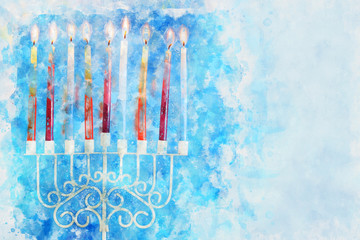 religiob watercolor style and abstract image of jewish holiday Hanukkah with menorah (traditional candelabra)