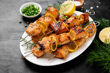 Baked Salmon Skewers With Lemon And Green Onion.