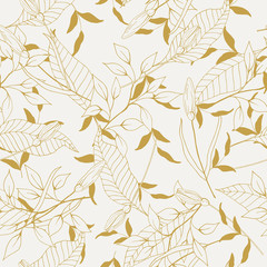  Gold botany pattern vector illustration of painted small floral template and outline drawing elements. Rustic vintage leaves and hand sketched flowers seamless design on light background.