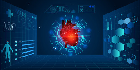 Human heart and treatment science technology concept. Future science technology black and blue abstract background. A concept hospital for wallpaper and web. Vector illustration