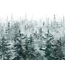 Watercolor Winter Pine Tree Forest Background. Hand Painted Conifer Spruce Trees With Falling Snow. Nature Landscape Scene With Trees And Fog. Christmas Themed Design.