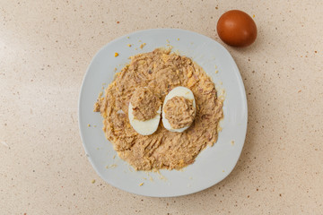 cocinando la receta de huevos rellenos de atún y mayonesa. en un plato se ve la mezcla y encima dos mitades de huevo con el relleno. al lado hay un huevo con cáscara