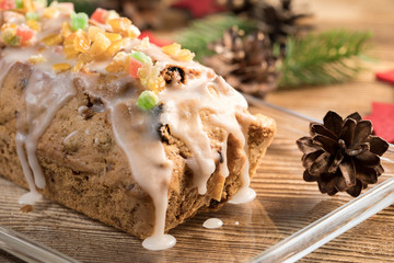 Wall Mural - Traditional Christmas cake with candied fruit, raisins and fruits.