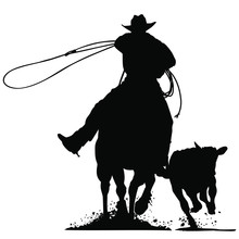 A Vector Silhouette Of A Cowboy Riding A Horse Roping A Calf.