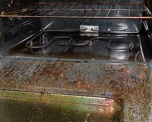 View Inside Filthy Dirty Electric Oven With Burnt Grease And Food On Glass And Door. Housecleaning Concept