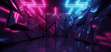 Concrete Blocks Sci Fi Futuristic Fashion Stage Podium Tunnel Corridor Neon Glowing Laser Beams Purple Blue Cyber Grunge Reflections Empty Underground Dark Garage 3D Rendering