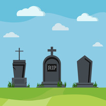 Grey RIP Grave Tombstones On Summer Nature Scenic Background.