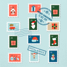 Christmas Santa Postage Stamps For Greeting Card. Set Of Christmas Stamp With Flat Doodle Illustration Of Xmas Decorations And Characters