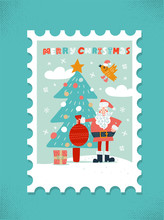 Large Postage Stamp Greeting Card Of Colorful Christmas. Santa With Red Bag And Xmas Tree. Flat Hand Drawn Illustration.
