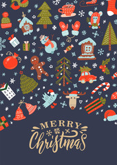 Merry Christmas greeting card with xmas decoration and characters pattern with hand drawn lettering.