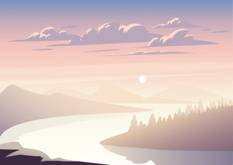 Wall Mural - vector landscape with a river among the forest illustration. sunset.